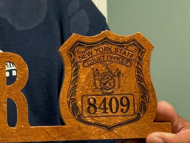 Wood stand up name with NY Court Officer Badge (Mahogany Finish) (Close Up)